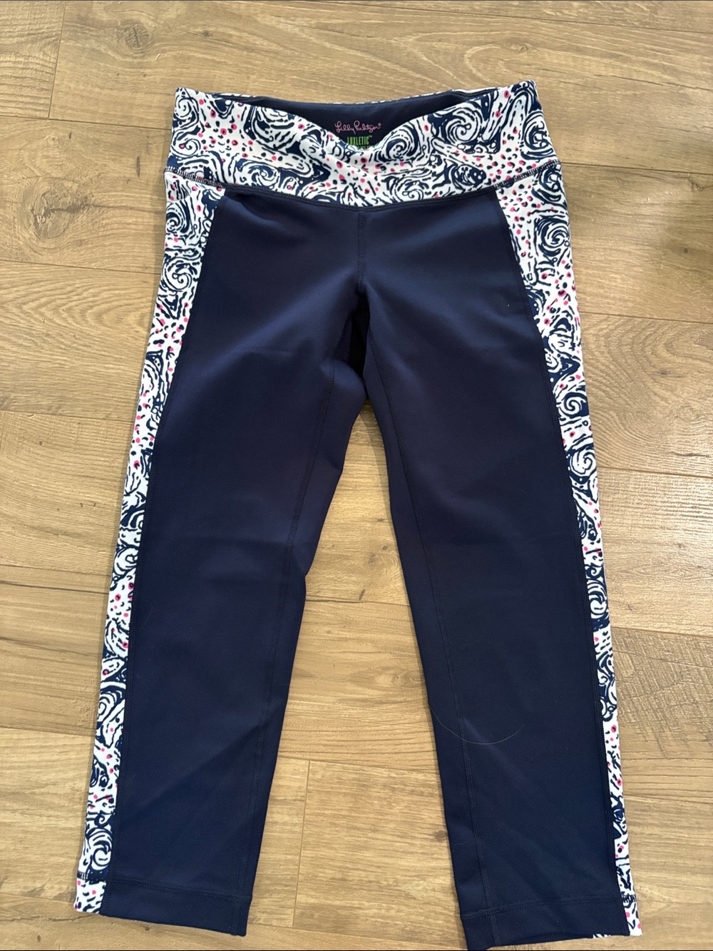 Lilly Pulitzer Navy Capri Leggings with White and Pink Printed Side Panels